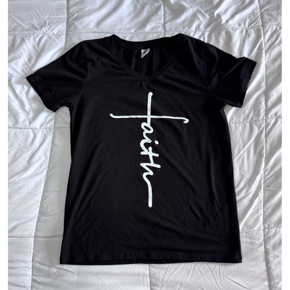 Tops - Women's V-Neck T-Shirt Christian Religious Faith Tee Black Size Small